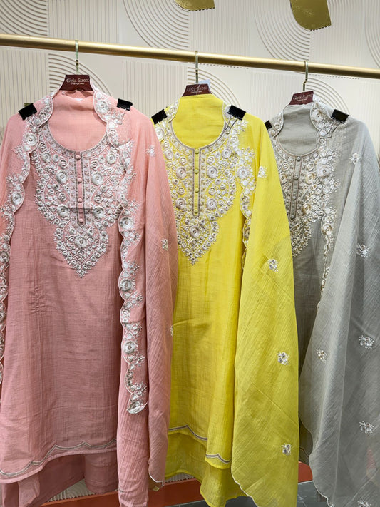 "Anjali" - Luxury Embroidered Unstitched Suit with Dupatta (Available in 3 Colours)