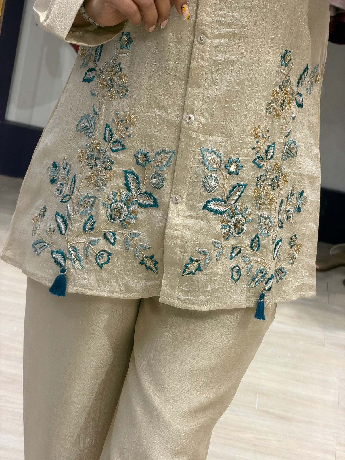 "Zivra" - Beige Embroidered Shirt Coord Set