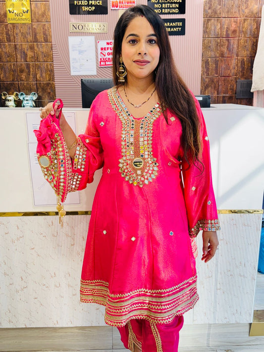 Hot Pink Short Anarkali Set with Tulip Pants with Matching Mirror Work Potli