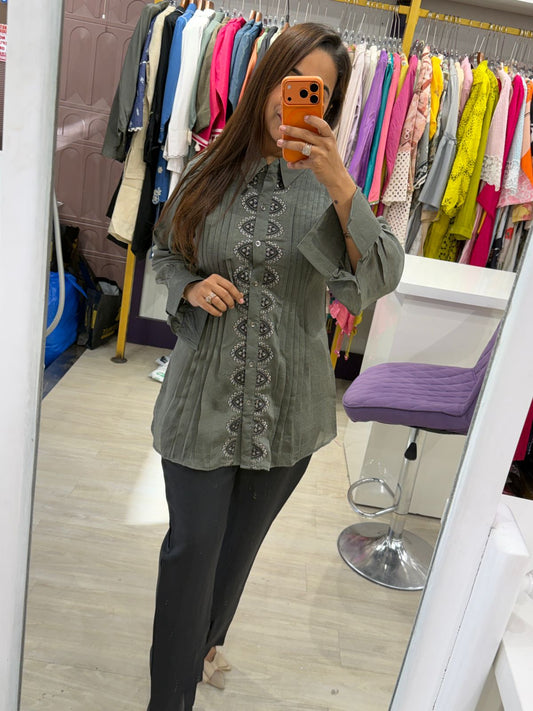 "Nova" - Elegant Olive Pleated Shirt & Pant Co-Ord Set