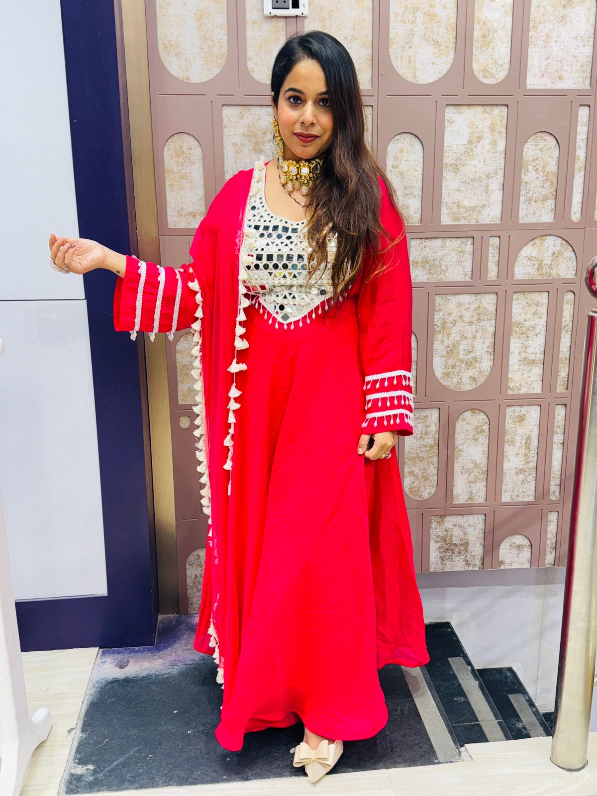 Fuchsia Pink Anarkali-Style Mirror Work Suit