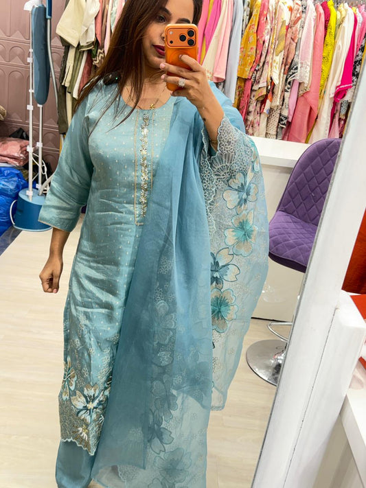 "Rangriti" - Elegant Sky Blue Embroidered Suit with Heavy Dupatta