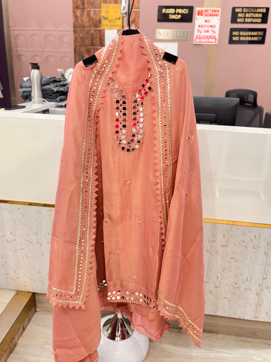 Peach Mirror Work Unstitched Suit Set