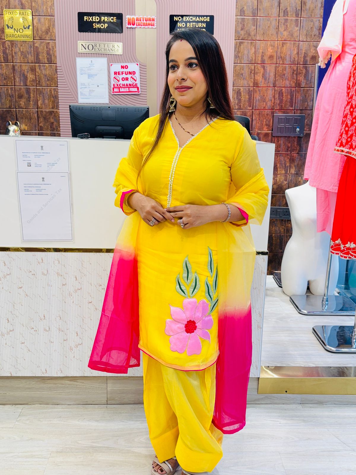 Bright Yellow Stitched Suit Set with Floral Patchwork & Pink Ombre Dupatta