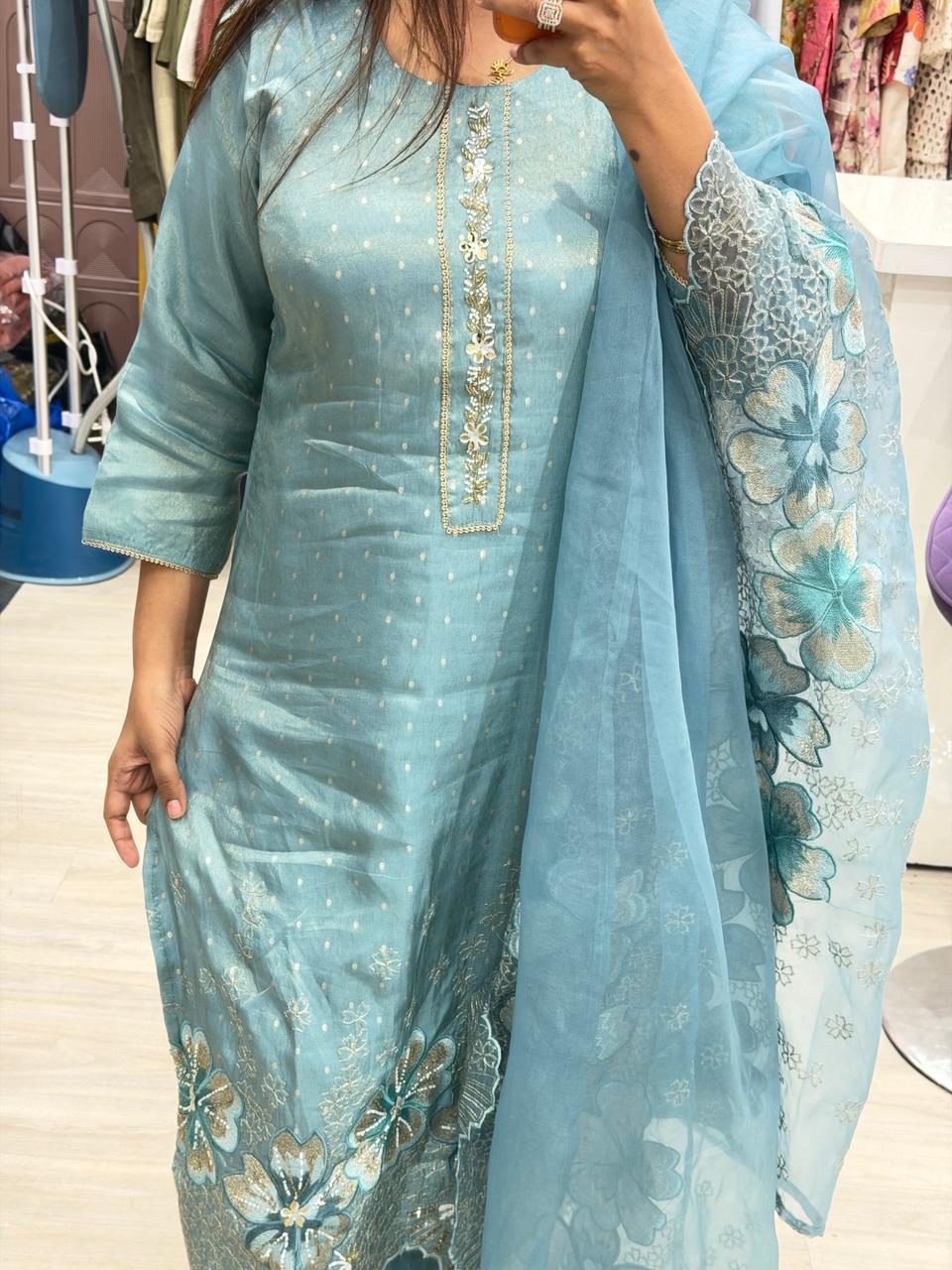 "Rangriti" - Elegant Sky Blue Embroidered Suit with Heavy Dupatta