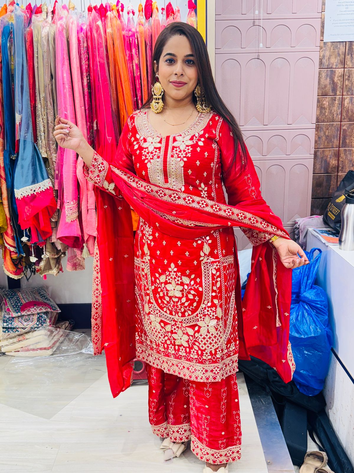 "Laali"- 3 Piece Red Base with Golden Embroidery Suit Set