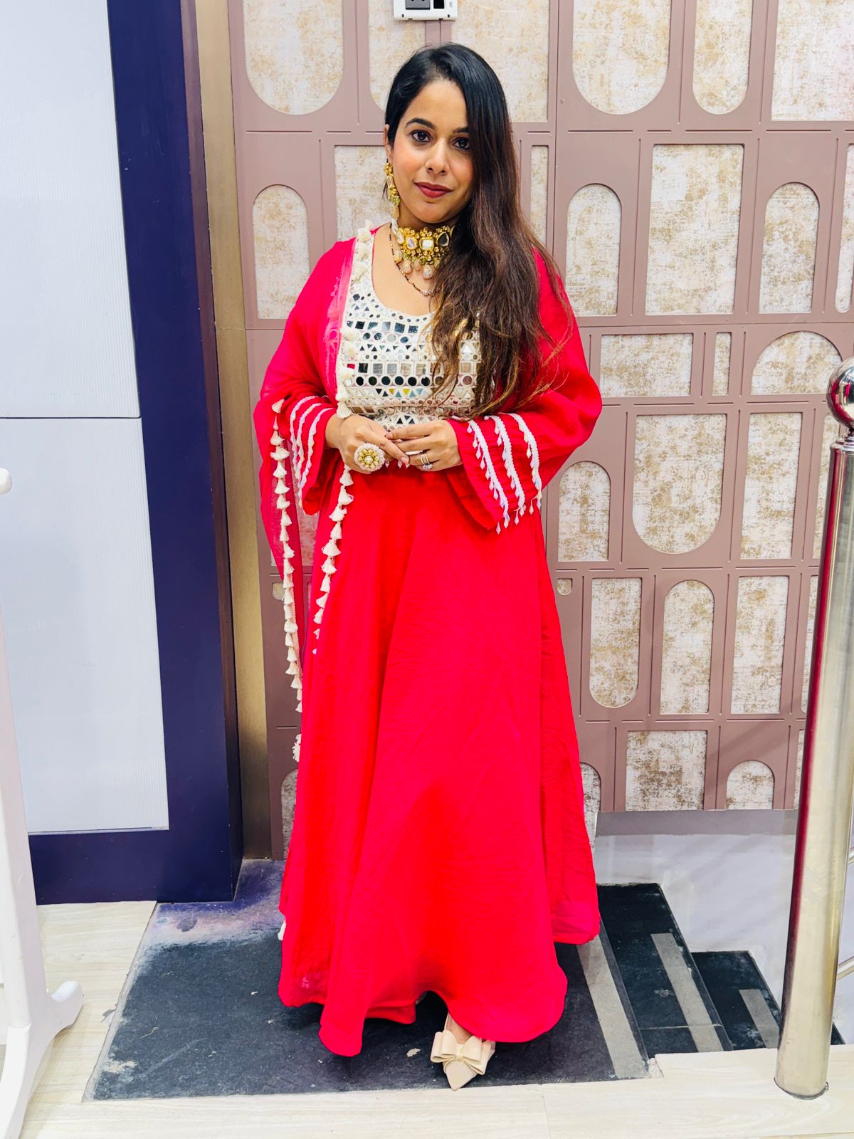 Fuchsia Pink Anarkali-Style Mirror Work Suit