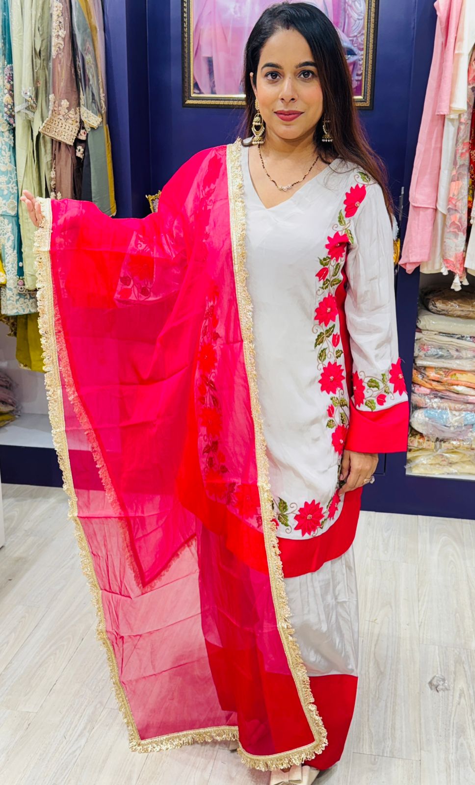 Pure Crepe White & Pink Farsi Salwar Suit with Embroidered Detailing