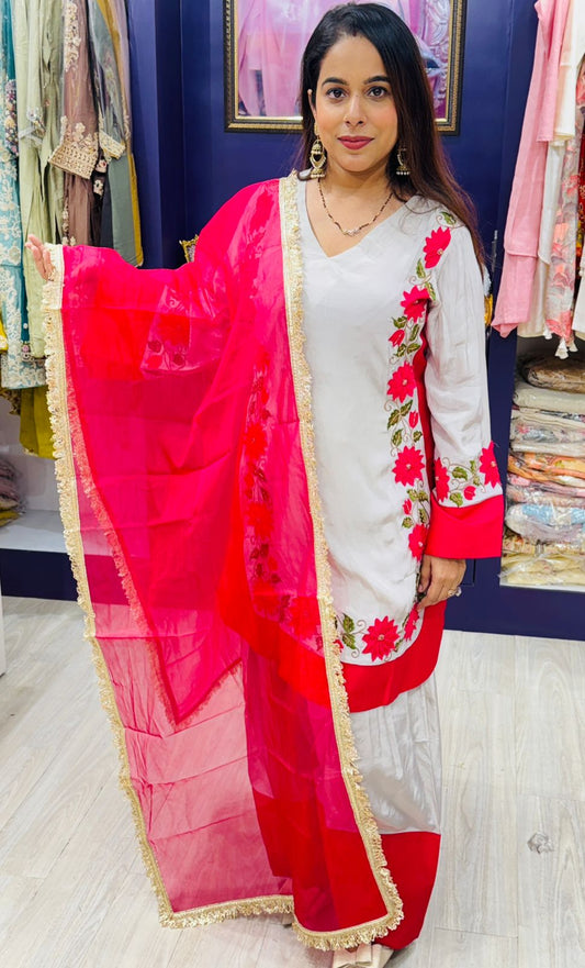 Pure Crepe White & Pink Farsi Salwar Suit with Embroidered Detailing
