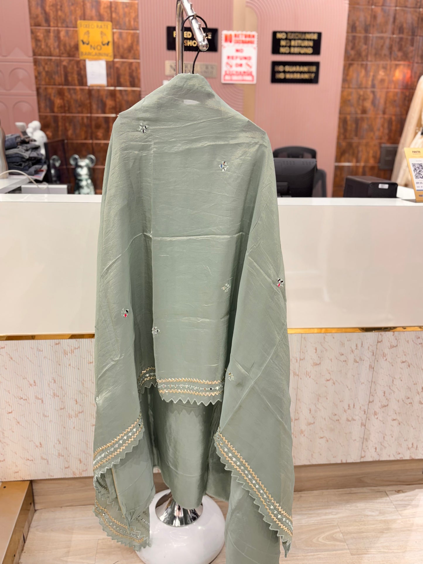 Sea Green Mirror Work Unstitched Suit Set