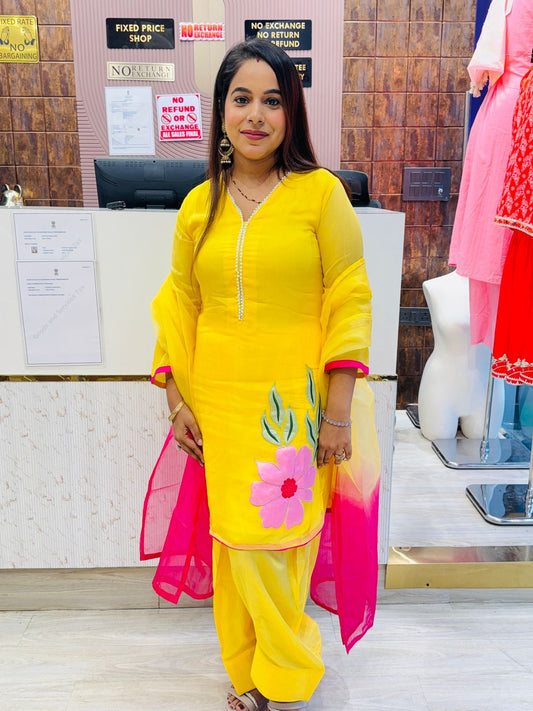 Bright Yellow Stitched Suit Set with Floral Patchwork & Pink Ombre Dupatta