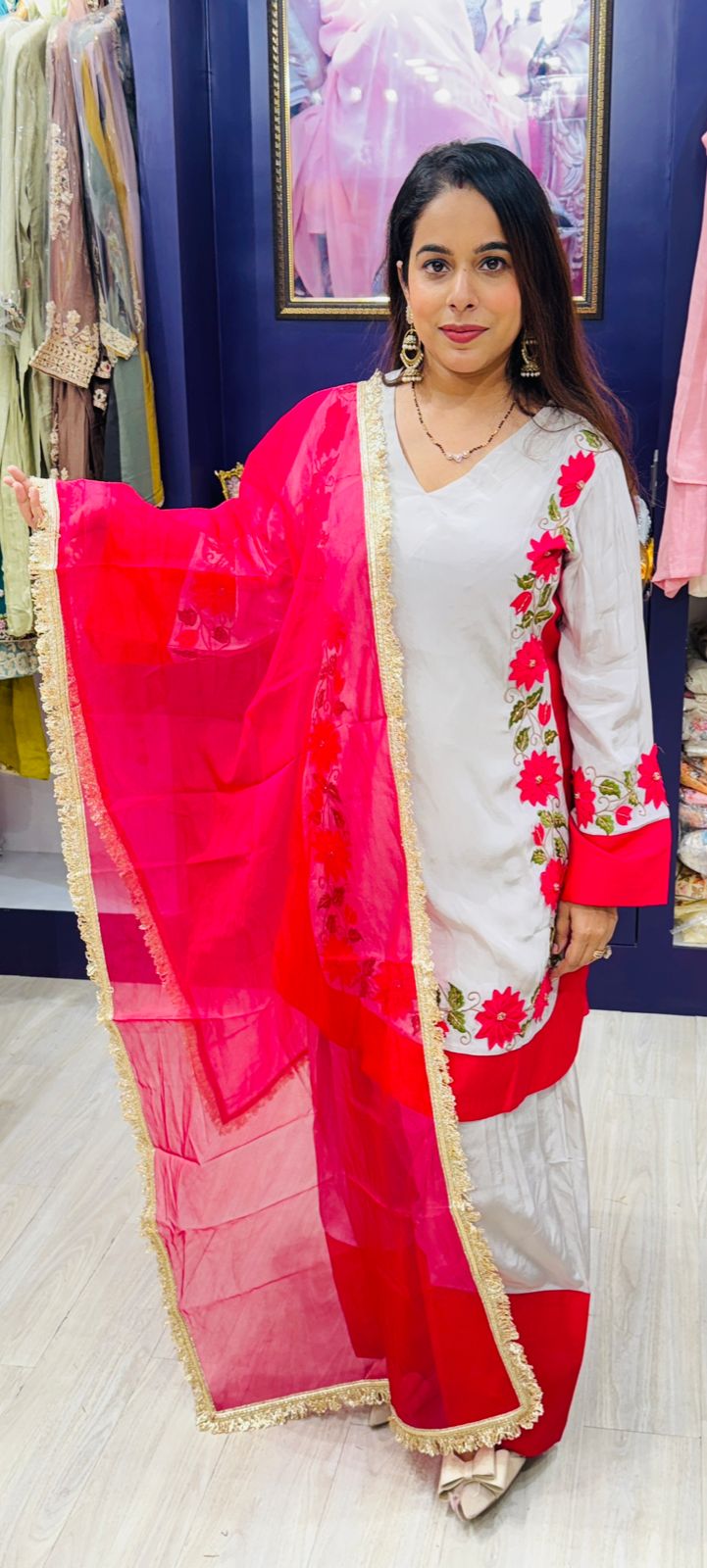 Pure Crepe White & Pink Farsi Salwar Suit with Embroidered Detailing