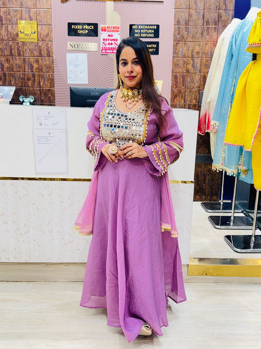 Lavender Anarkali with Mirror Work & Dupatta