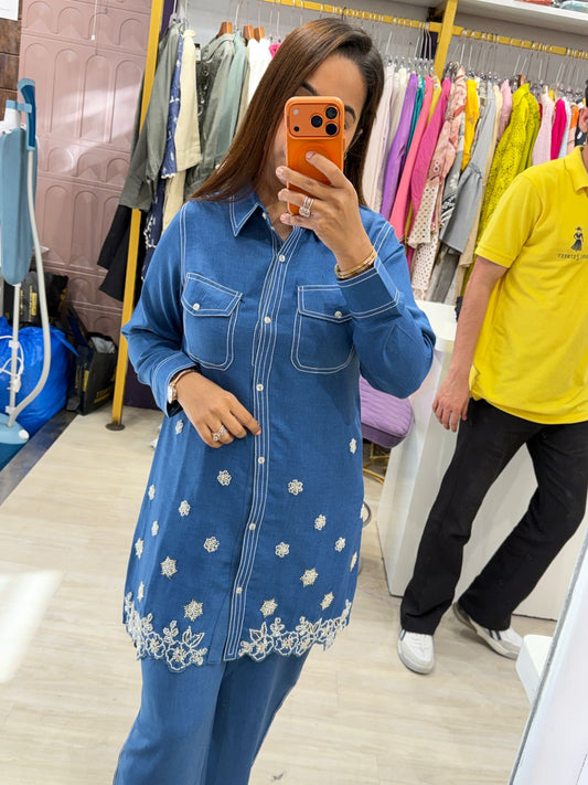 "Vira" - Denim Style Embroidered Two Piece Co-Ord Set