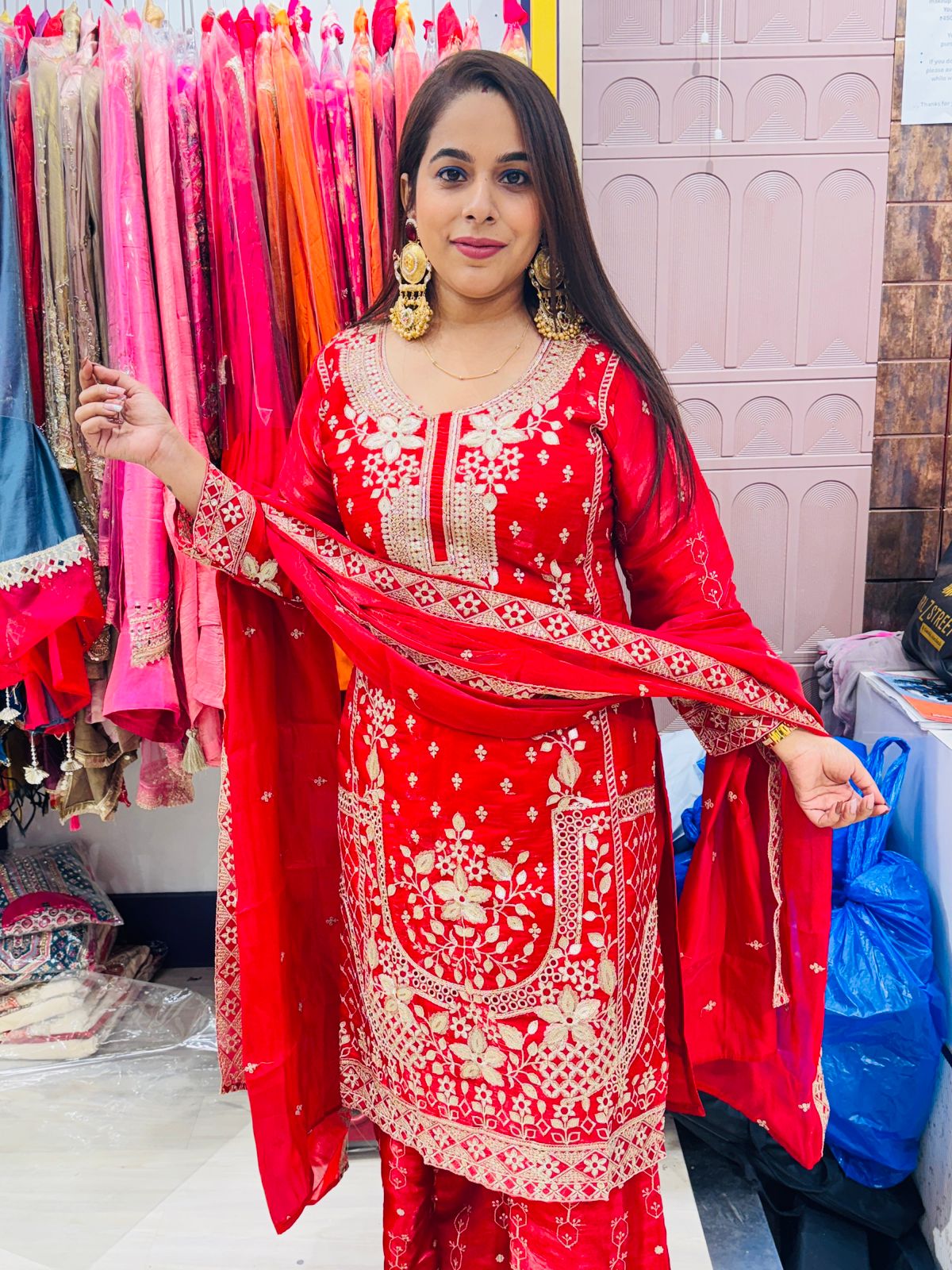 "Laali"- 3 Piece Red Base with Golden Embroidery Suit Set