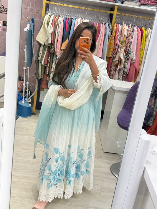 "Amra Blue" - Aqua White Ombre Anarkali Suit Set (3-Piece)