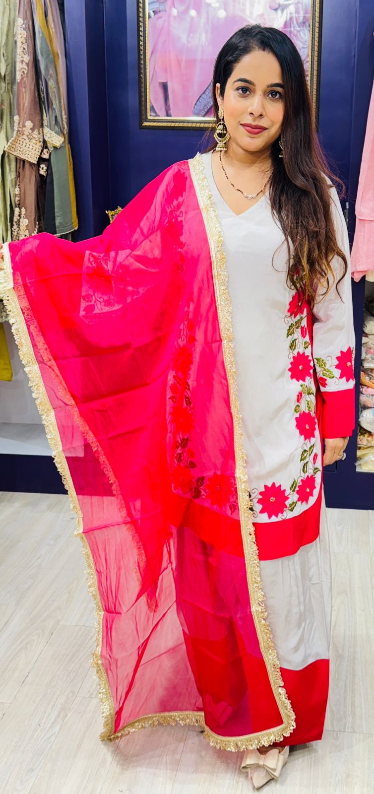 Pure Crepe White & Pink Farsi Salwar Suit with Embroidered Detailing