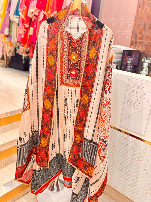 "Noorani"- Beige Base Unstitched Suit Set