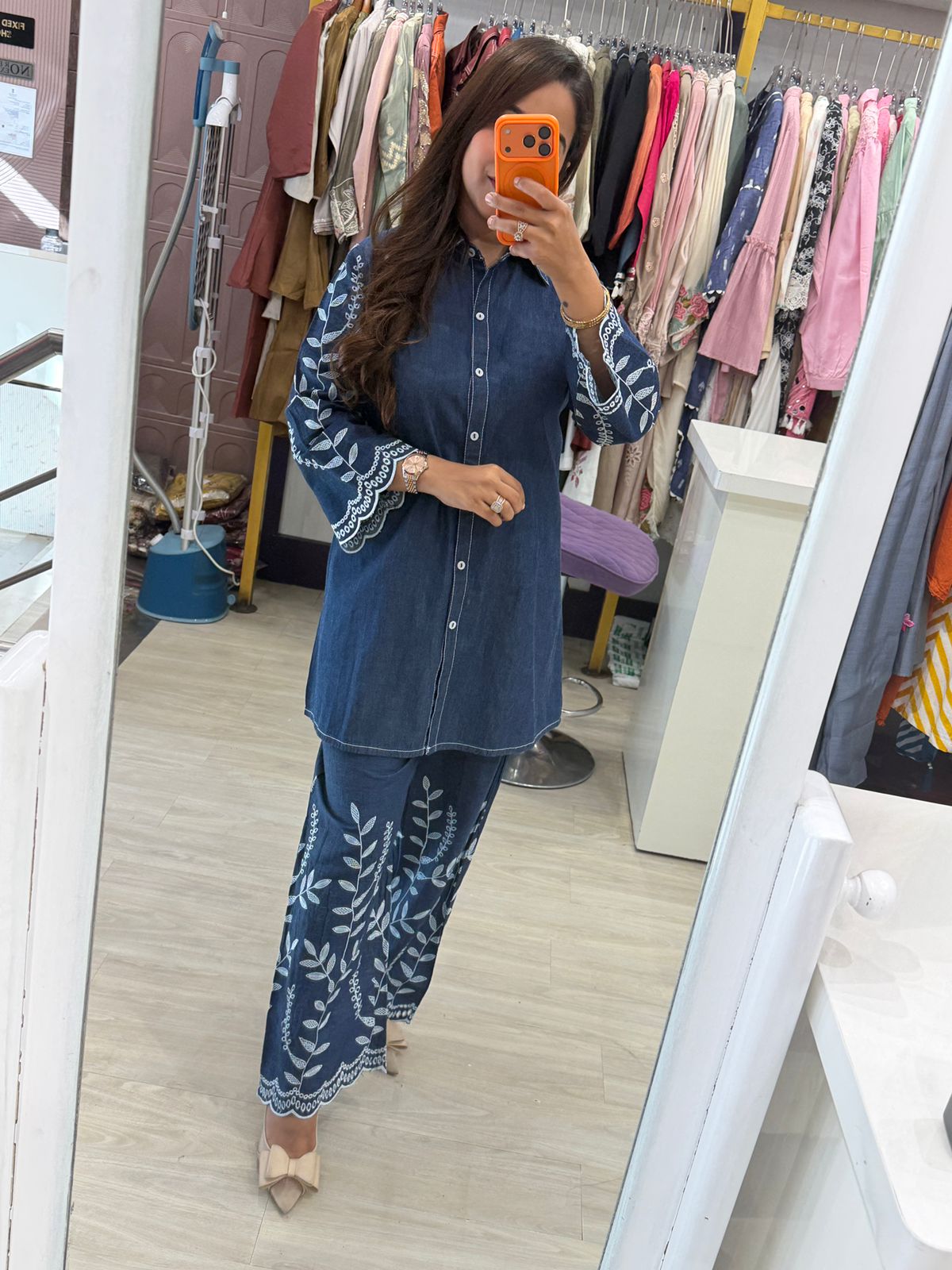 "Cozella" - Denim Floral Embroidered Coord Set