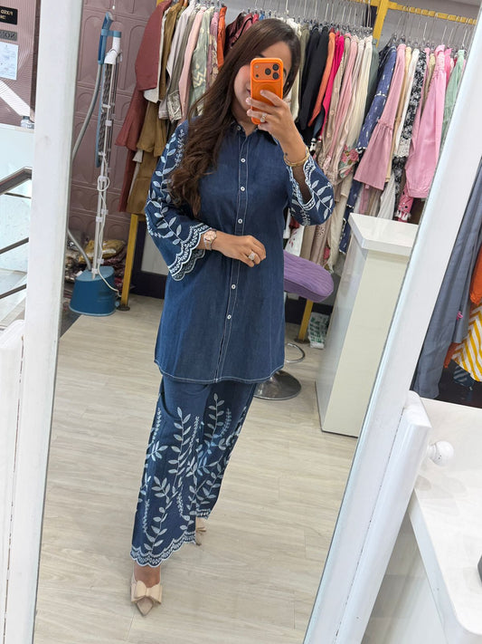 "Cozella" - Denim Floral Embroidered Coord Set