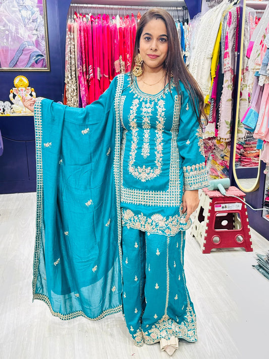 "Sunehri Rangrez"- 3 Piece Teal Blue Base with Ivory Embroidery Suit Set