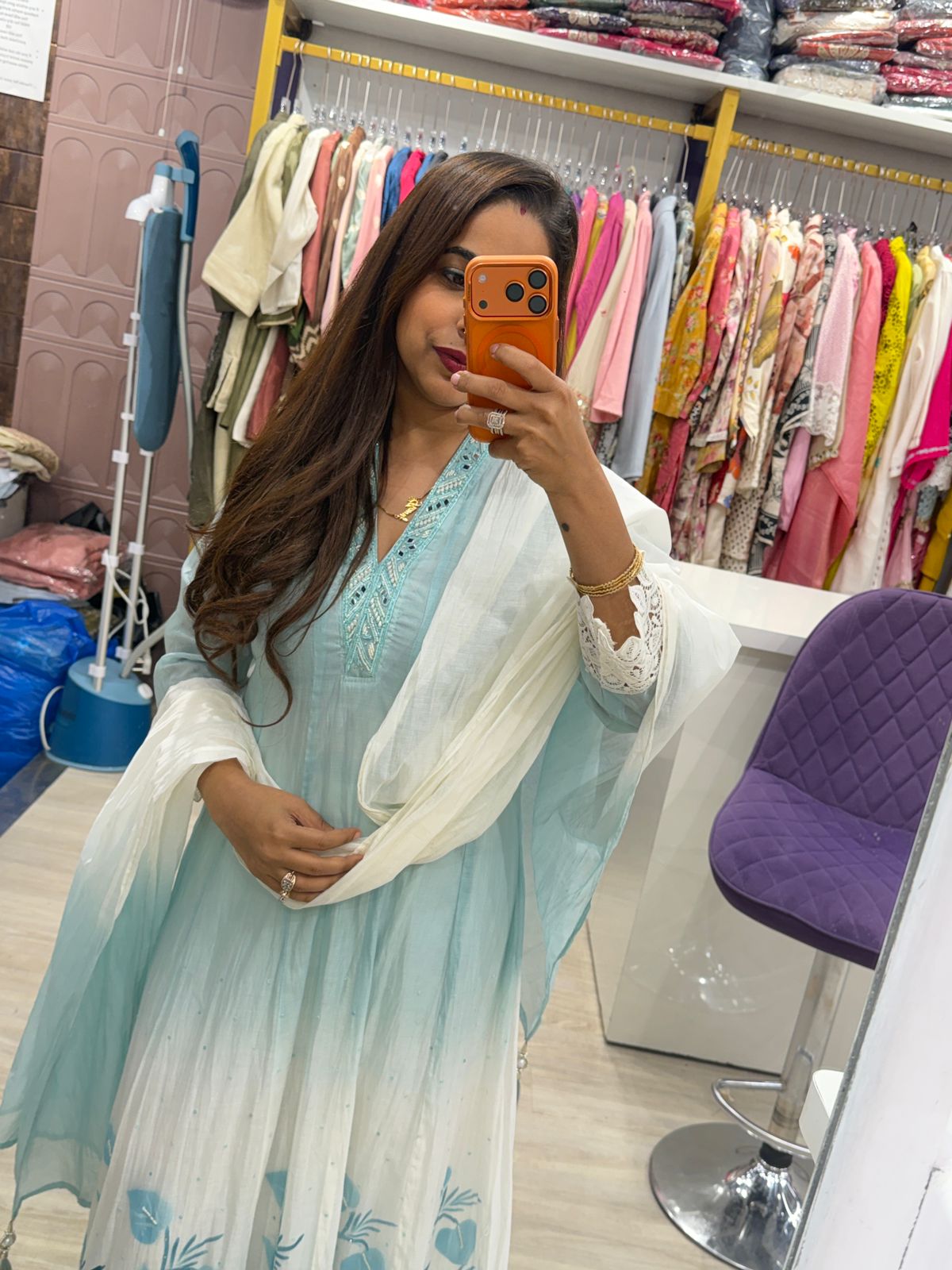 "Amra Blue" - Aqua White Ombre Anarkali Suit Set (3-Piece)