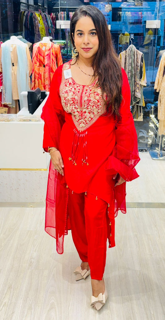 Red Stitched Suit with Heavy Embroidered Neckline & Tassel Detailing