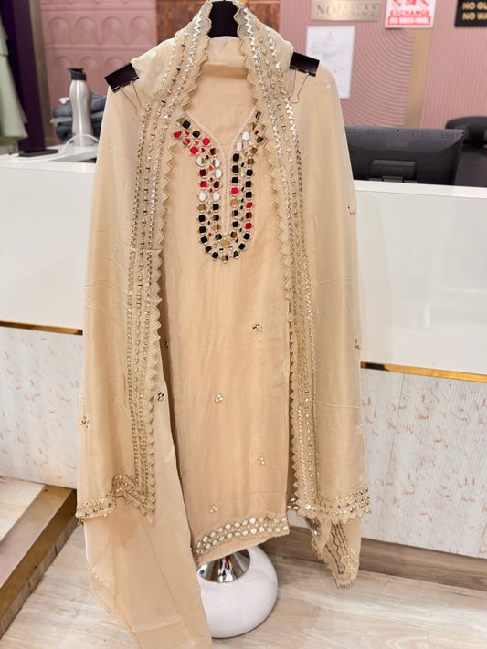 Beige Mirror Work Unstitched Suit Set