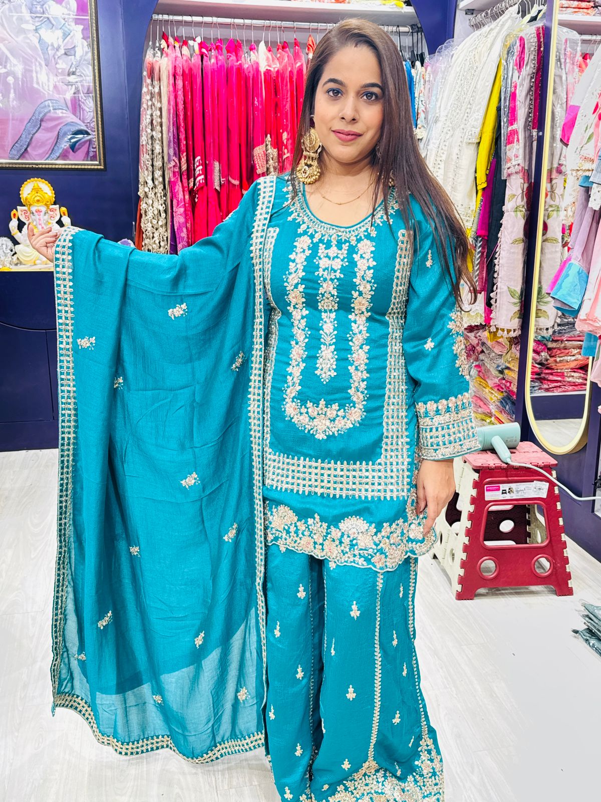 "Sunehri Rangrez"- 3 Piece Teal Blue Base with Ivory Embroidery Suit Set