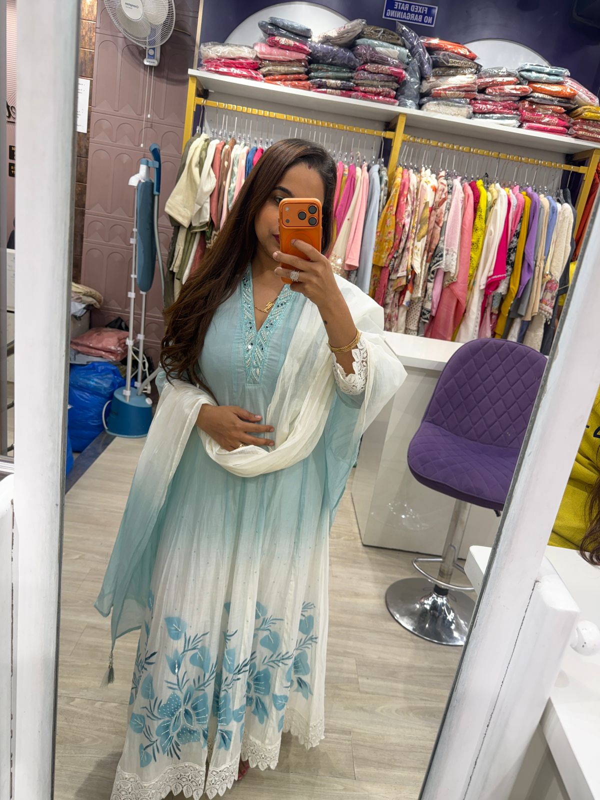 "Amra Blue" - Aqua White Ombre Anarkali Suit Set (3-Piece)