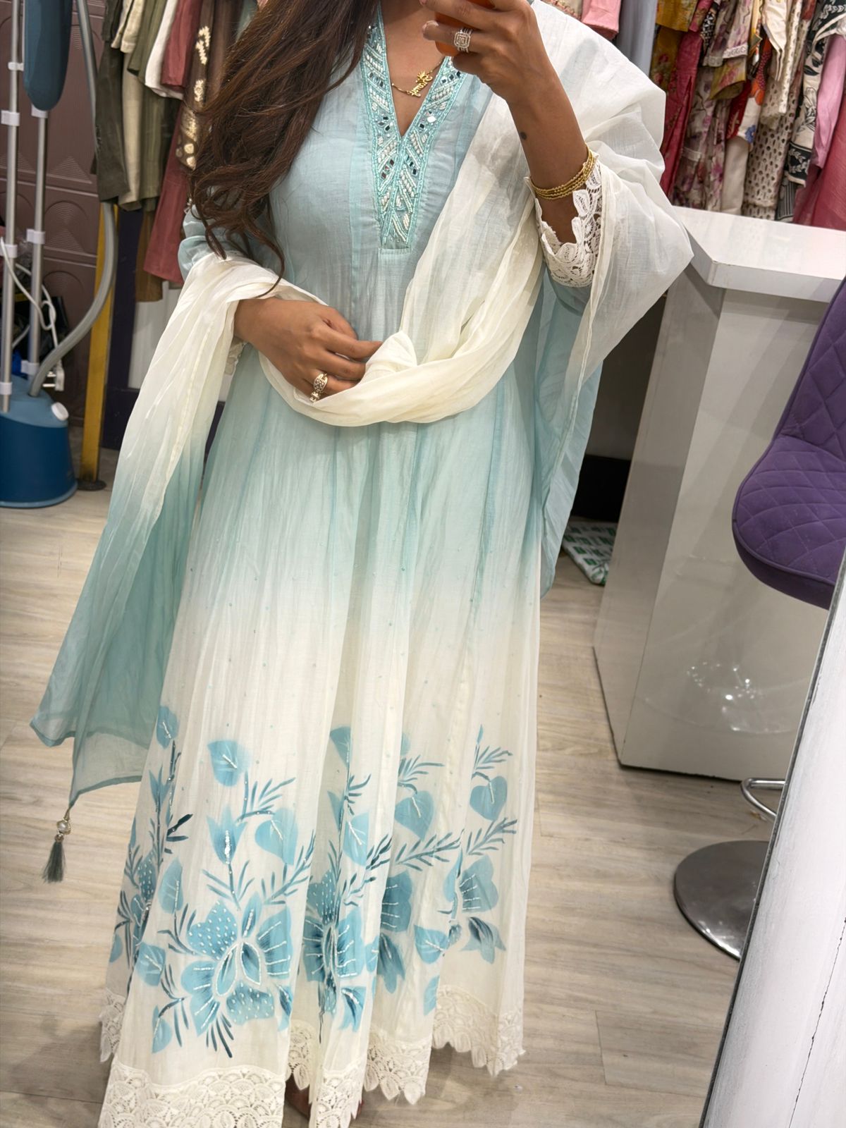 "Amra Blue" - Aqua White Ombre Anarkali Suit Set (3-Piece)