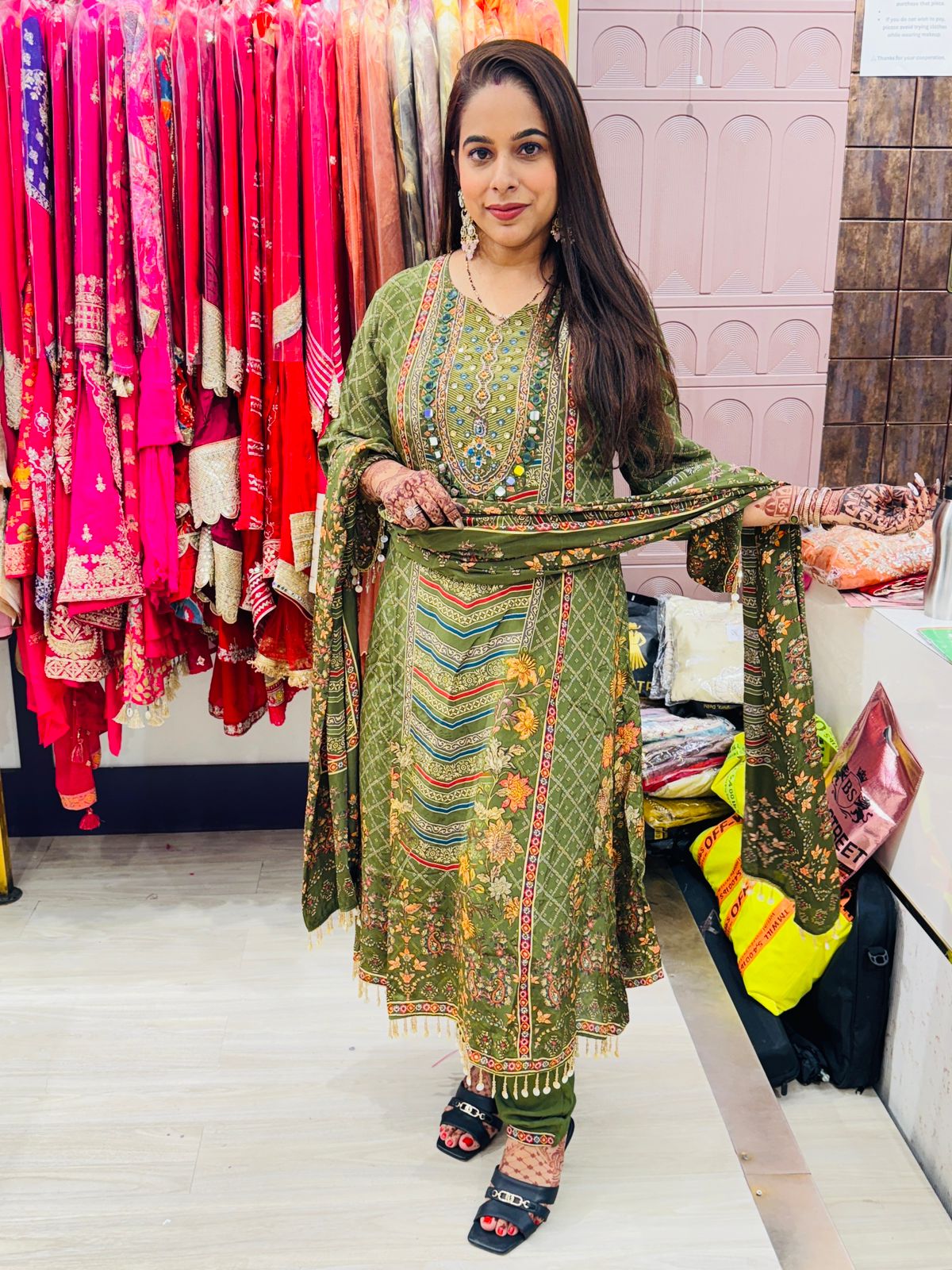 "Zehn"- 3 Piece Multicolour Embroidered Detailing Mehendi Green Suit Set with Dupatta