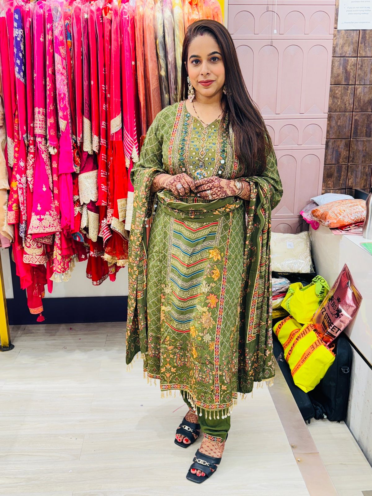 "Zehn"- 3 Piece Multicolour Embroidered Detailing Mehendi Green Suit Set with Dupatta