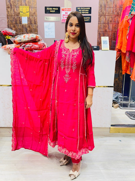 "Naaz"- 3 Piece Hot Pink Stitched Suit Set