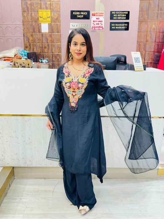 Black Stitched Suit with Multicolor Embroidery