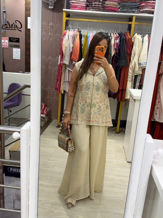 "Abhira" - Beige Floral Embroidered Indo-Western Coord Set