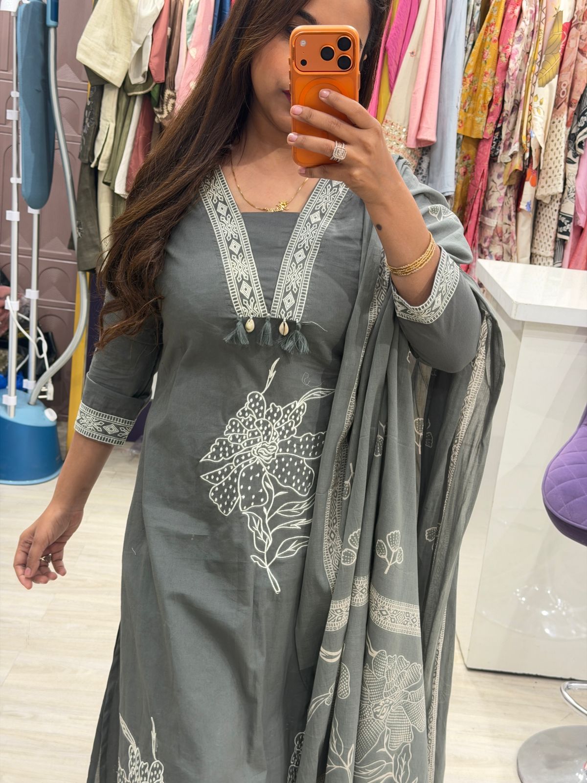 "Ash Bloom" - Minimalist Grey Floral Printed Suit Set