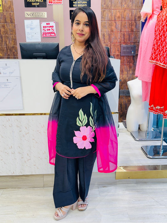 Black Stitched Suit Set with Pink Floral Patchwork & Ombre Dupatta