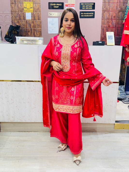 "Meherbano"- Hot Pink Golden Embroidered Suit Set