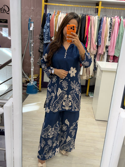 "Virelle" - Indigo Animal Print Coord Set