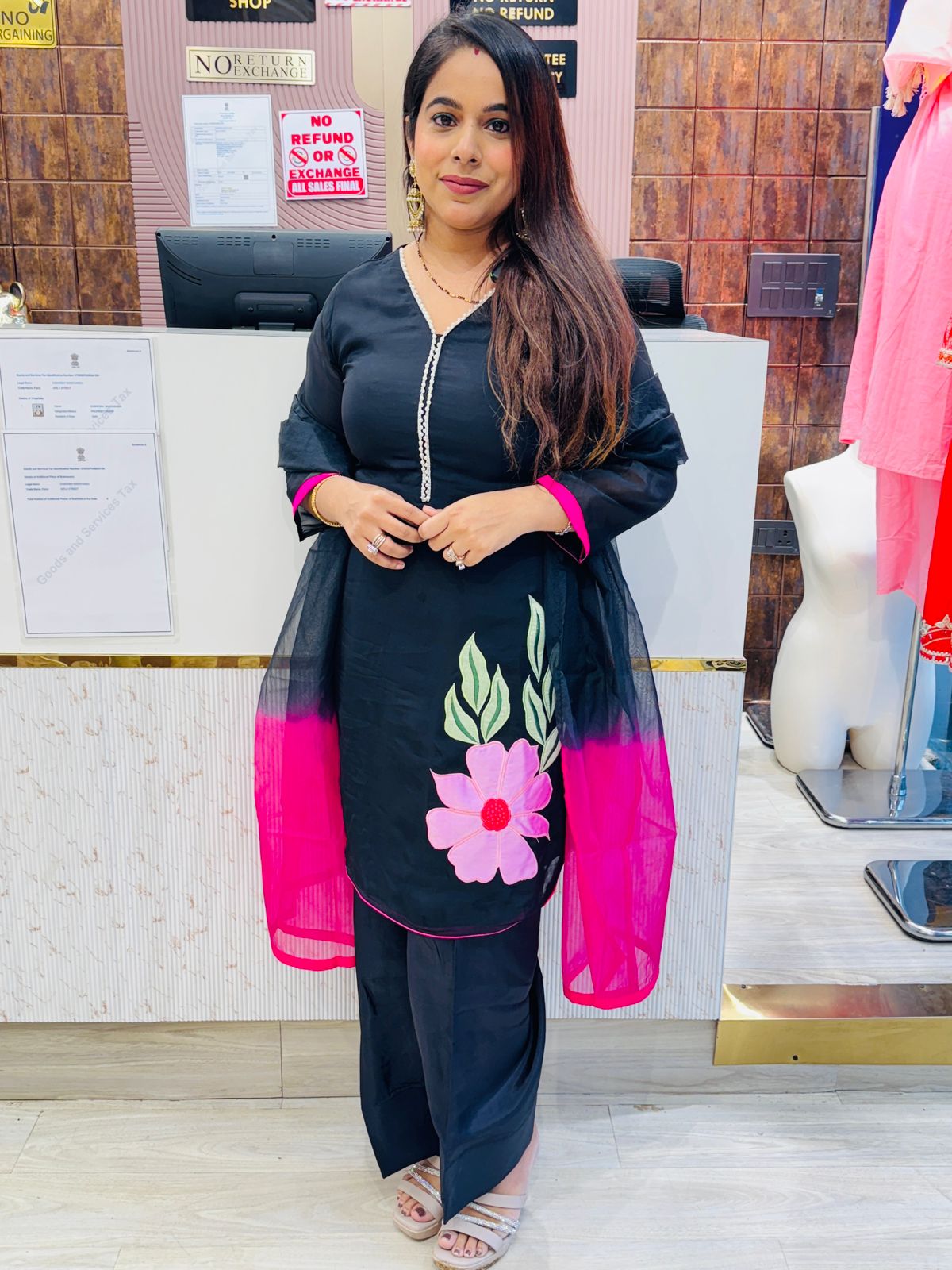 Black Stitched Suit Set with Pink Floral Patchwork & Ombre Dupatta