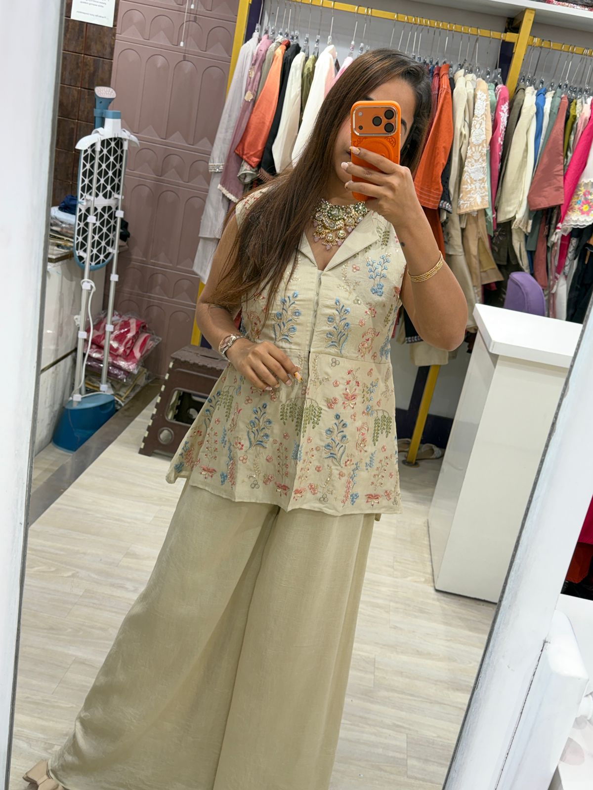 "Abhira" - Beige Floral Embroidered Indo-Western Coord Set