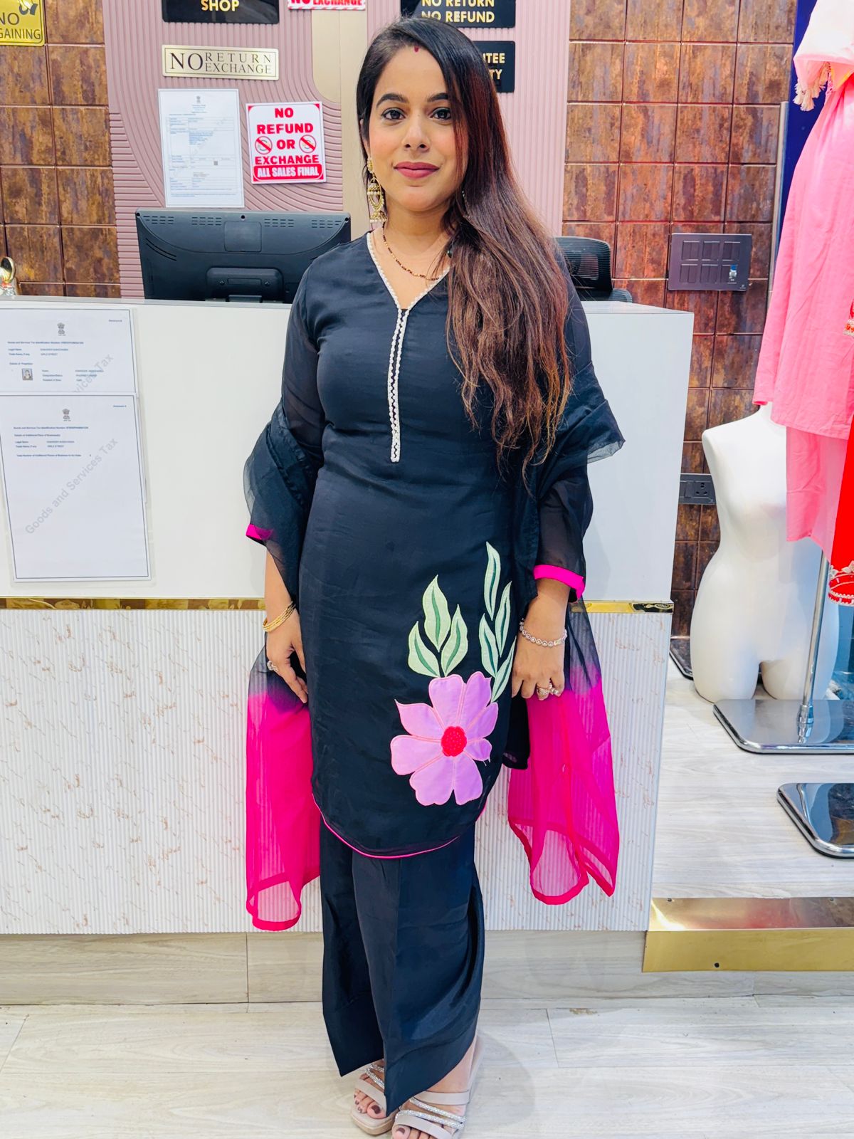 Black Stitched Suit Set with Pink Floral Patchwork & Ombre Dupatta