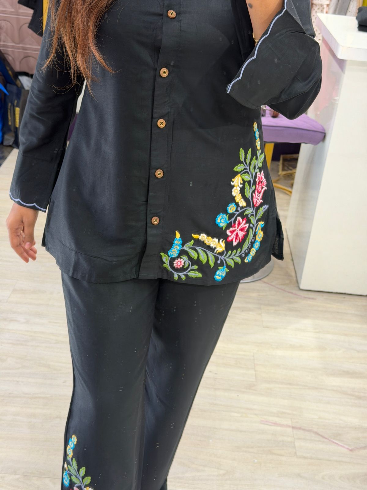 "Mira" - Black Floral Embroidered Two Piece Co-Ord Set