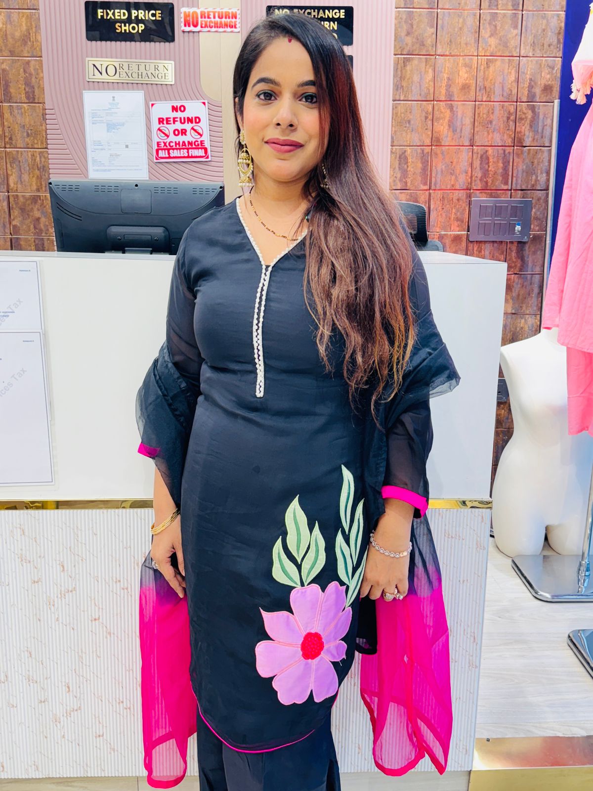 Black Stitched Suit Set with Pink Floral Patchwork & Ombre Dupatta