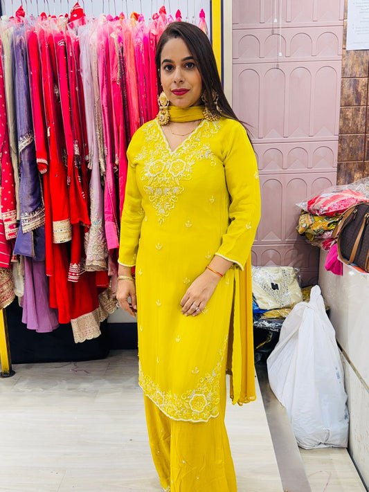 "Eshana"- 3 Piece Yellow Embroidered Stitched Suit Set