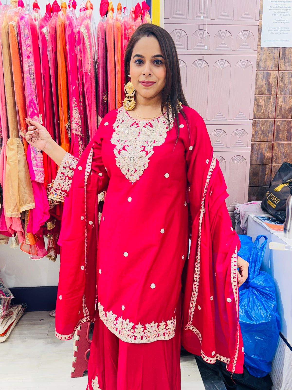 "Roshni"- 3 Piece Dark Pink Embroidered Suit Set