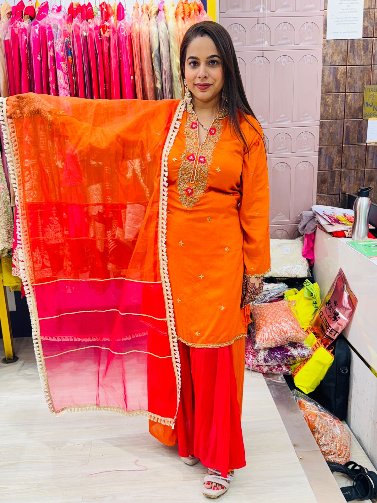 "Ayraah"- 3 Piece Embroidered Suit Set in Vibrant Orange