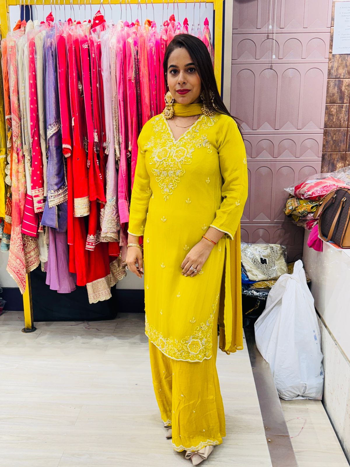 "Eshana"- 3 Piece Yellow Embroidered Stitched Suit Set
