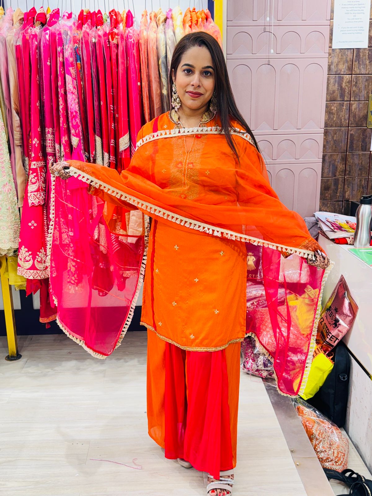 "Ayraah"- 3 Piece Embroidered Suit Set in Vibrant Orange